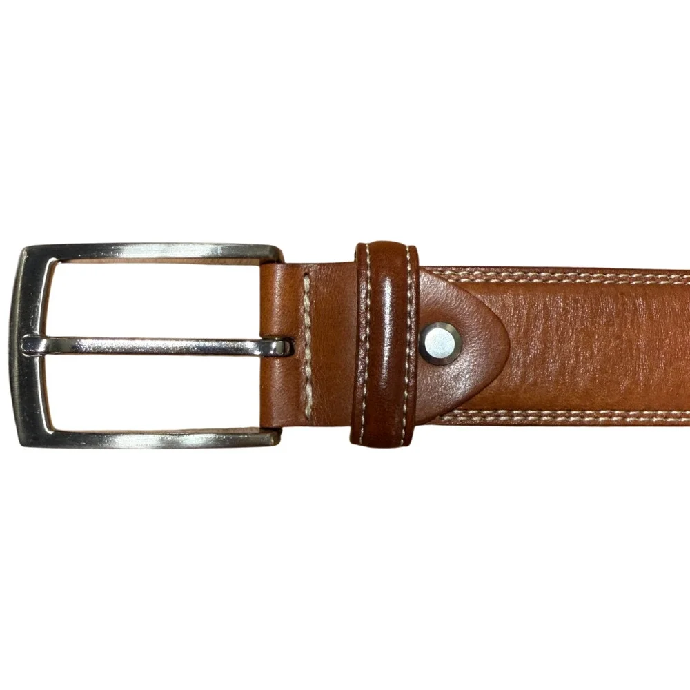 BRONZINO Brown Leather Belt Men's 34/85 Silver Buckle White Stitching Italy